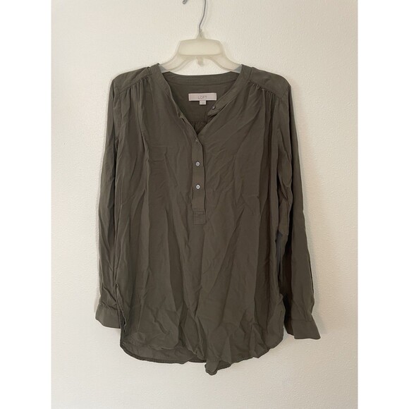 Ann Taylor LOFT Shirt Women S Green Split Neck Balloon Sleeve Rayon - Picture 1 of 4
